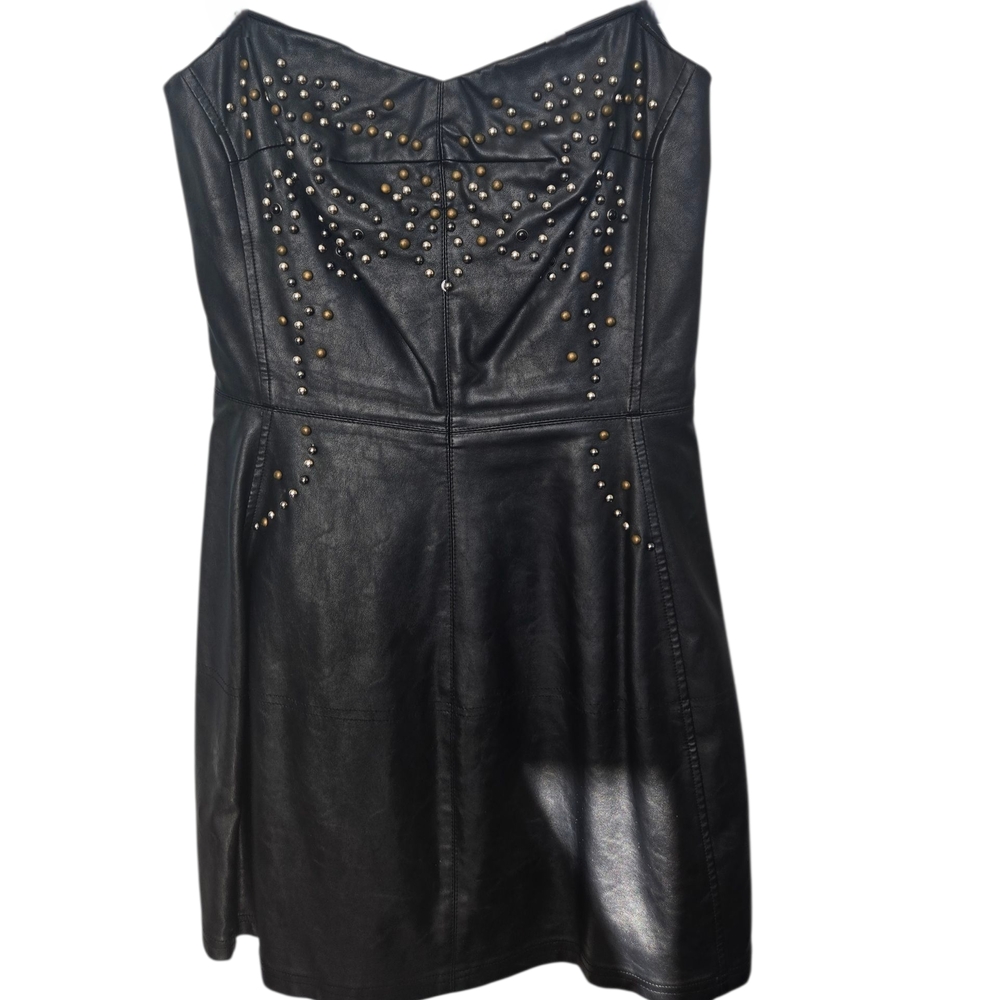 Studded Black Faux Leather Mini Dress - Size S, Edgy Party Vibes